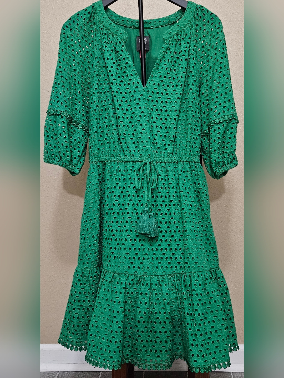 Green Eyelet Tassel Tie Waist Dress